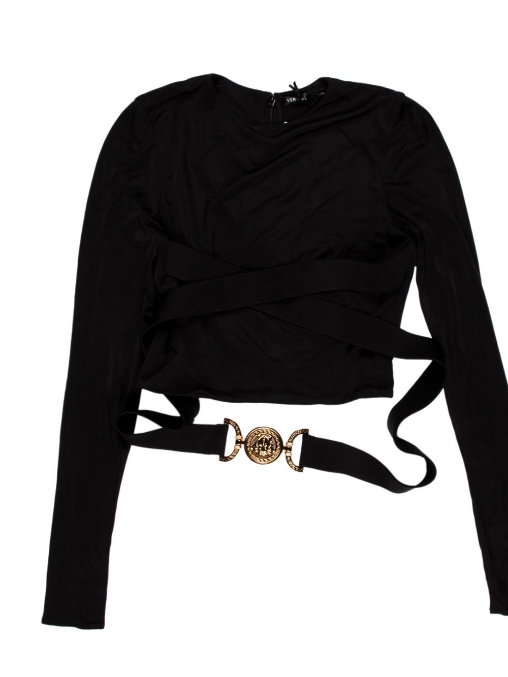 Versace Black Long-Sleeve Top with Gold Medallion Waist Belt